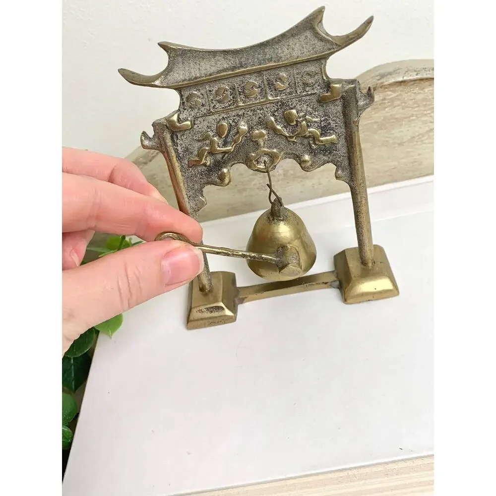 Vintage Lobeco Brass Pagoda Gong Miniature Bell With Striker Chinoiserie Decor
